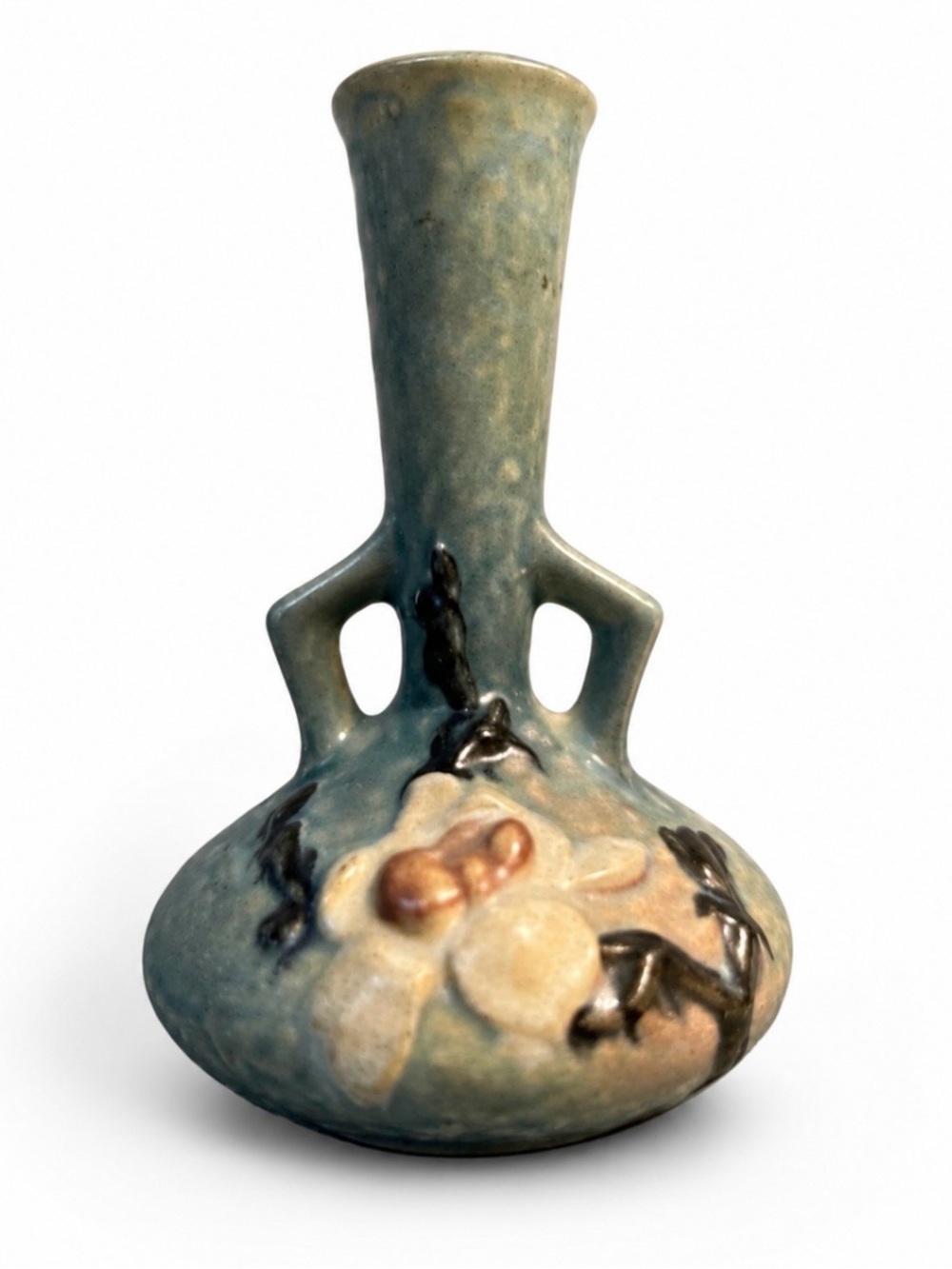 Roseville Pottery Magnolia Vase, Double Handle, Blue Version, 179-7, 1943